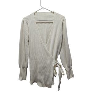 Cream Ribbed Wrap Sweater Bishop Sleeve Tie Waist Balletcore Knit Top M